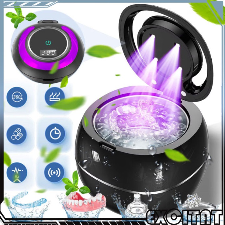 Aparat de curatare ultrasonica pentru proteze dentare, Excitat®, Ultrasunete de 43kHz, sterilizare UV, mod de operare simplu, curatare in 3 minute, curatare bijuterii, Negru, 132x131x130mm