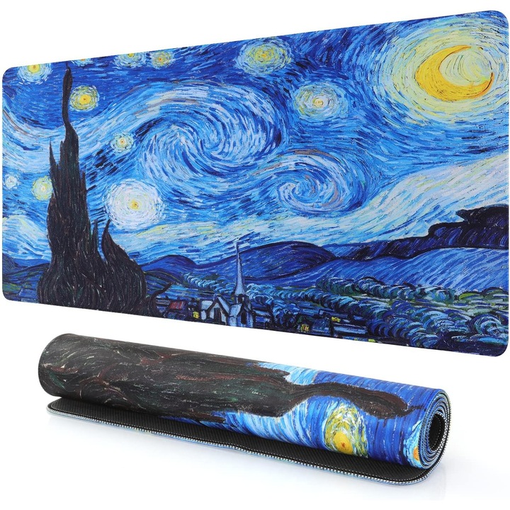 Mouse pad mare pentru jocuri cu model Van Gogh albastru stelat cer, anti-alunecare, impermeabil, margini cusute, mai multe culori, 800x300mm