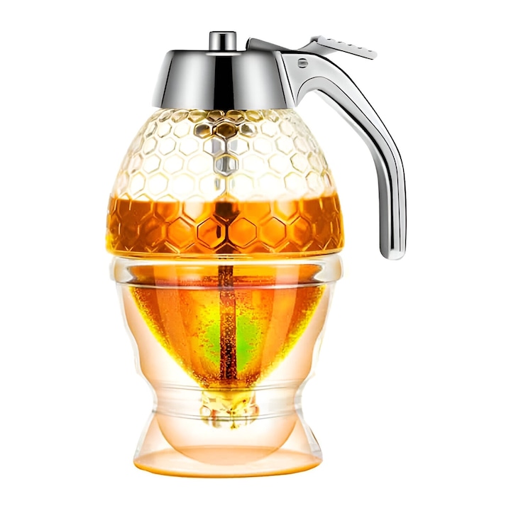 Dozator de Miere, toolsy, Dispenser fara Picurare, Borcan Tip Fagure, fara Scurgeri, pentru Zahar si Sirop, 15x8 cm, Transparent