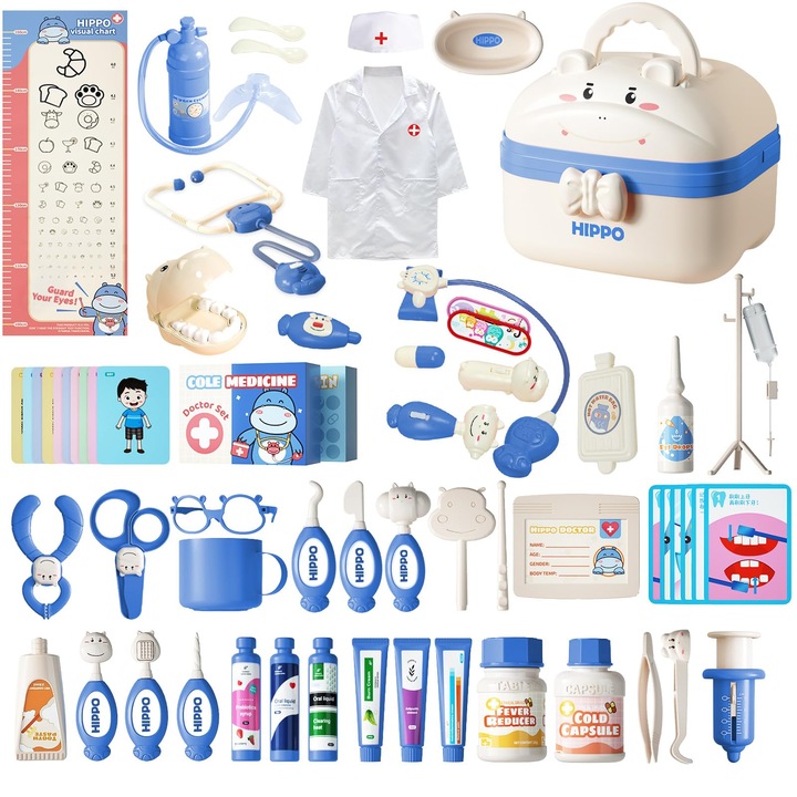 Trusa medicala pentru copii 62 buc, Jucatori de rol draguti pentru stomatologi hipopotami cu haine, set de joaca pentru prescolari prefacatori doctor, cu husa de transport, set de joaca medical pentru 3-8 baieti si fete, WALALLA, albastru