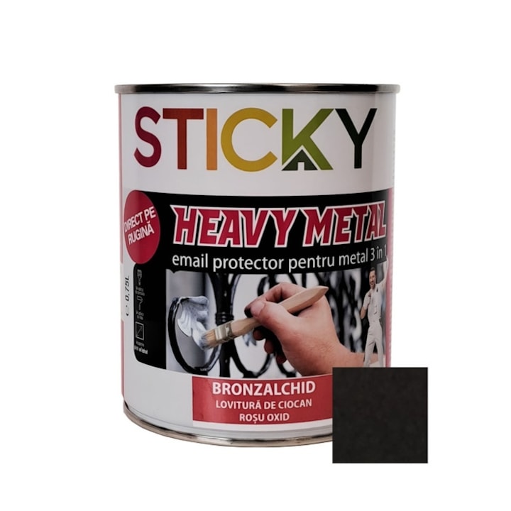 Алкидна боя за метал Sticky Bronzalchid 3 в 1, удар с чук, интериор/екстериор, черна, 0.75 л