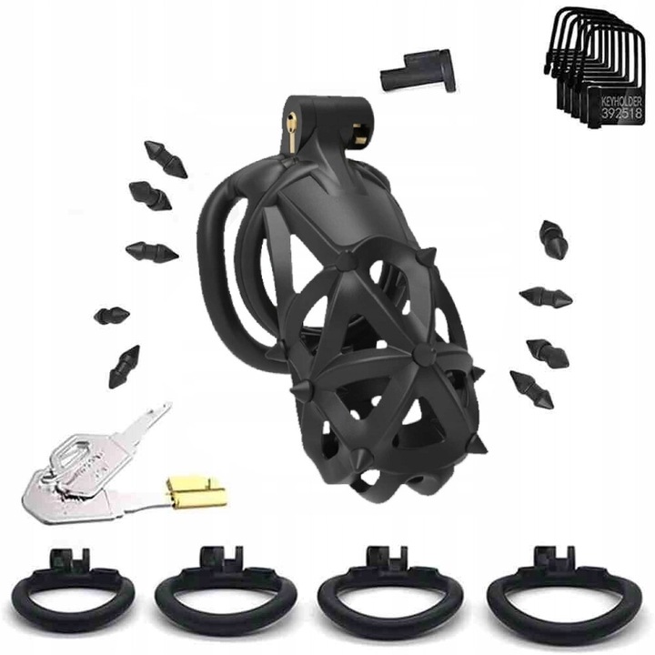 Centura de castitate, Night Fantasy, cu 4 inele, neagra, dimensiuni 58x35mm