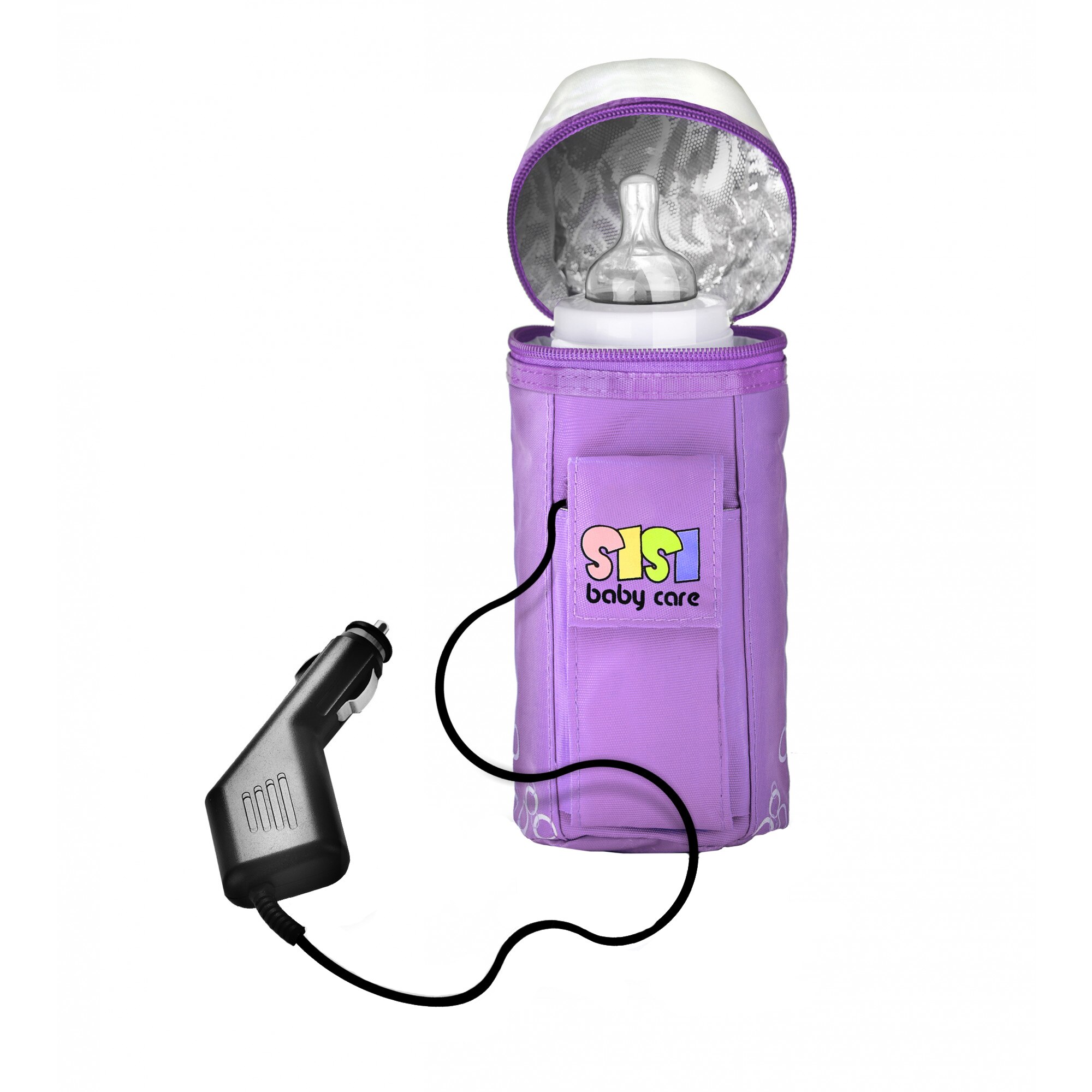 Incalzitor auto pentru biberoane SisiBaby SBC-001, Functie termos, Plastic ABS, 120 ml, Violet
