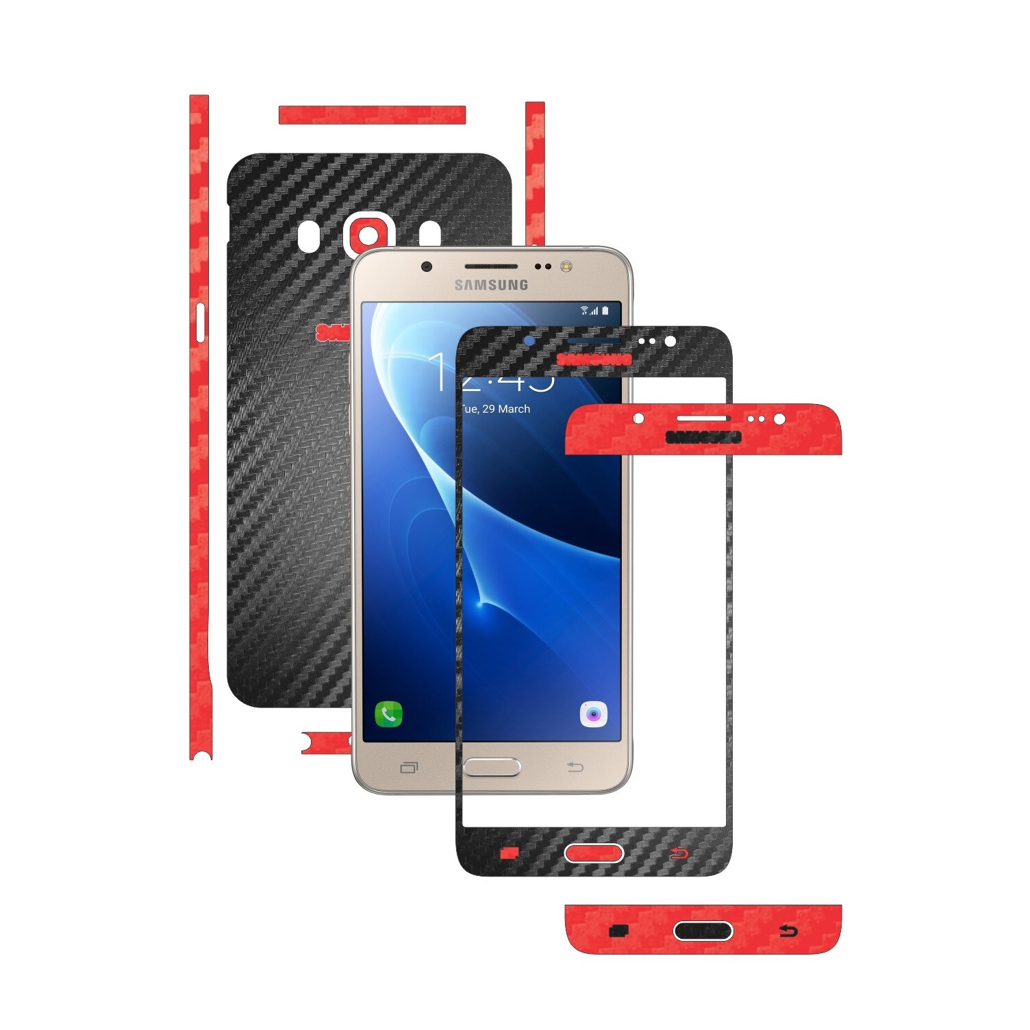 Folie de protectie Full Body Carbon Skinz, Acoperire Totala, Two Tone Negru / Rosu dedicata Samsung Galaxy J5 2016