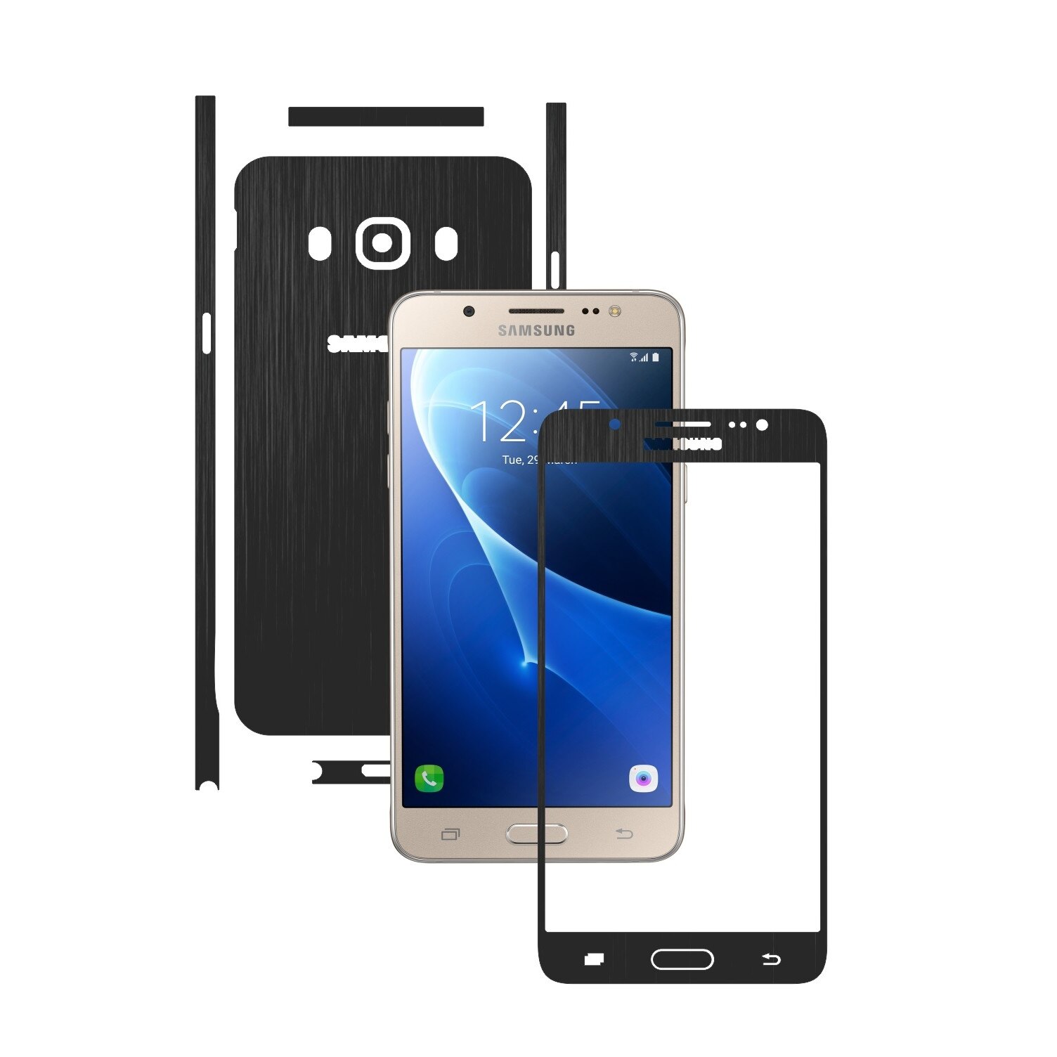 1 + 1 GRATUIT - Samsung Galaxy J5 2016 - Brushed Negru - Folie de protectie Carbon Skinz, Husa Full Body Cover de tip Skin Adeziv pentru Rama Ecran,Carcasa Spate si Laterale