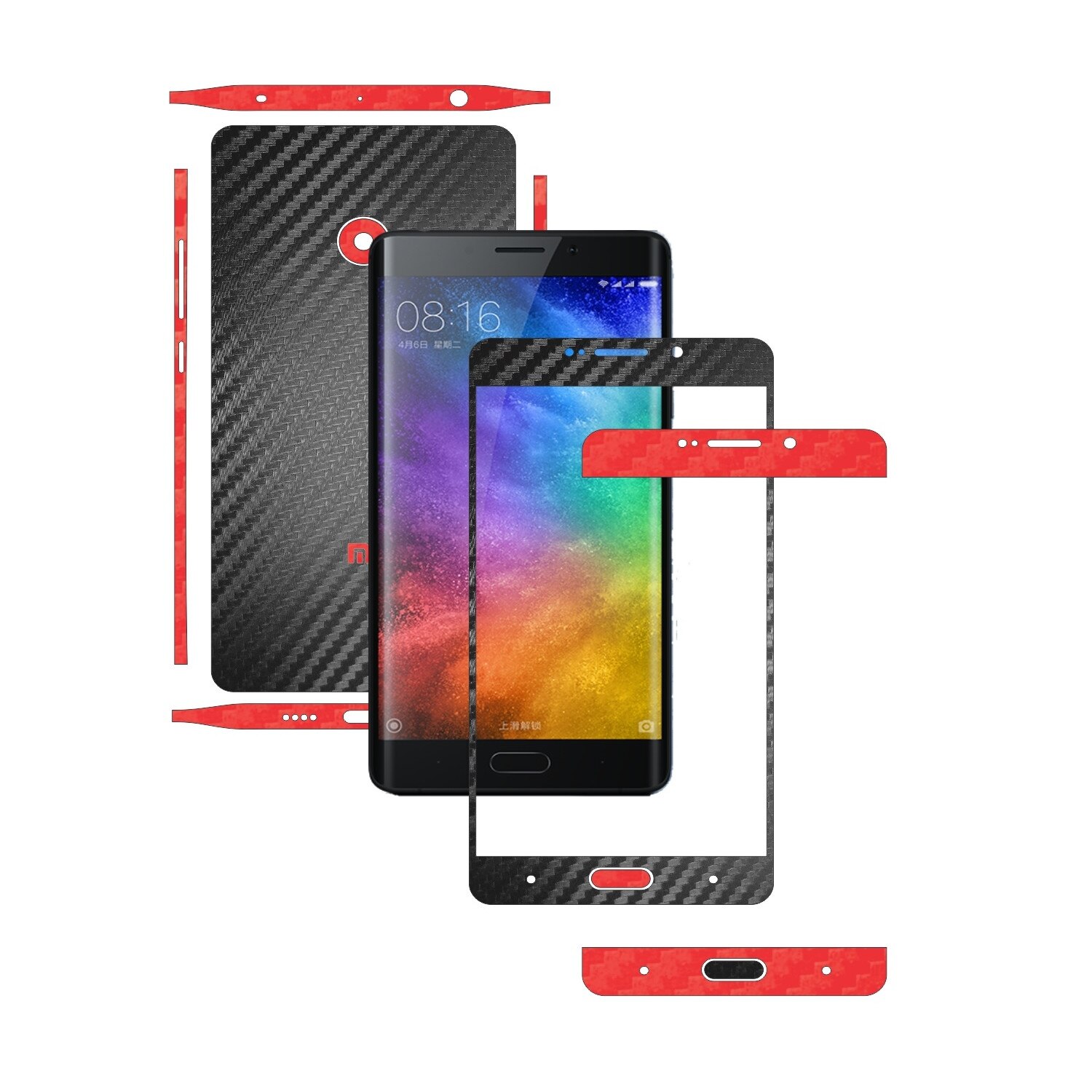 Folie de protectie Full Body Carbon Skinz, Acoperire Totala, Two Tone Negru / Rosu dedicata Xiaomi Mi Note 2