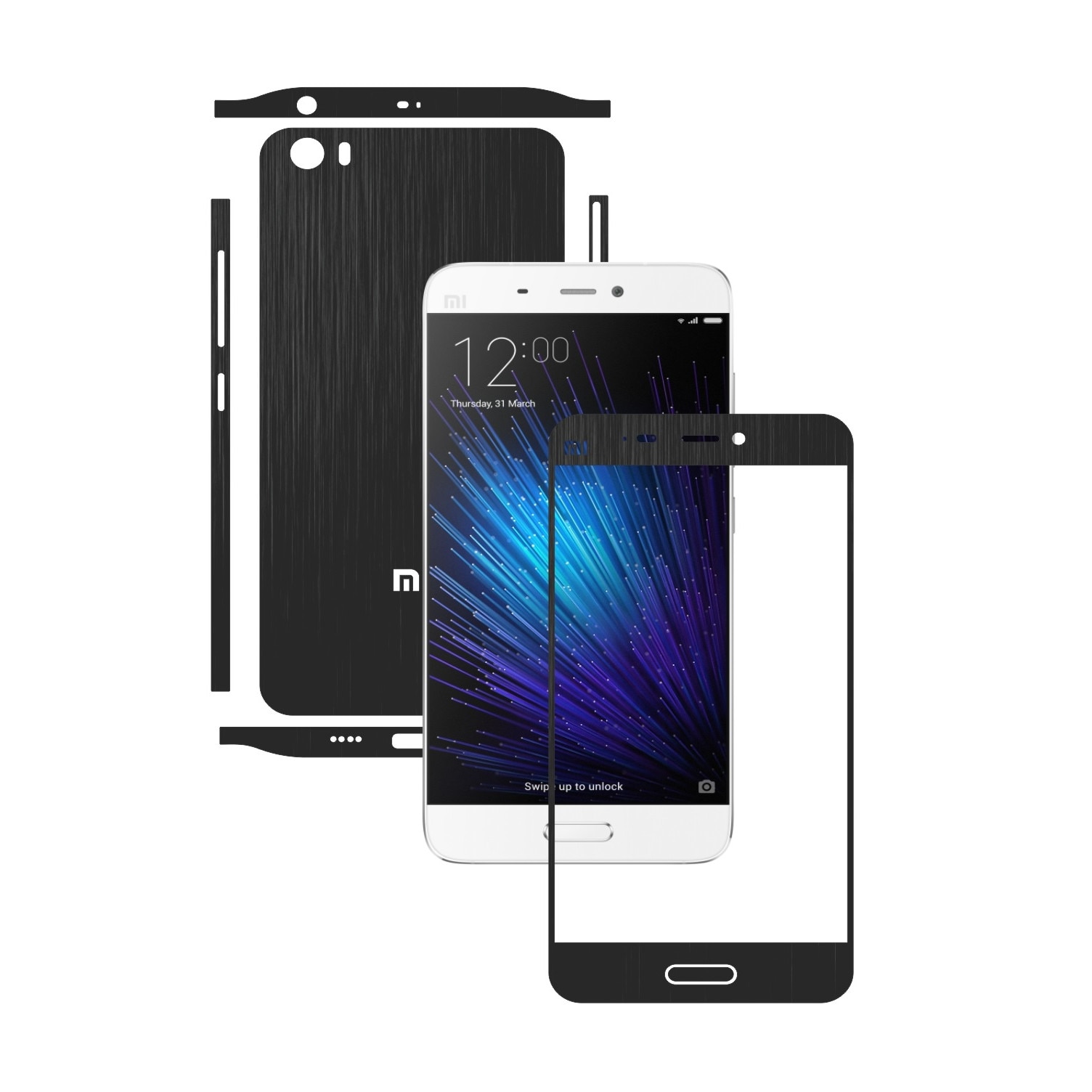 1 + 1 GRATUIT - Xiaomi Mi5 - Brushed Negru - Folie de protectie Carbon Skinz, Husa Full Body Cover de tip Skin Adeziv pentru Rama Ecran,Carcasa Spate si Laterale