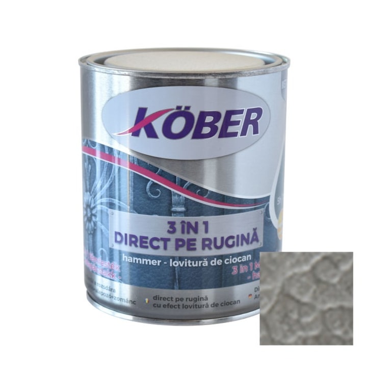 Алкидна боя за метал Kober Hammer, ефект чук, интериор/екстериор, сребро E81180, 0.75 L