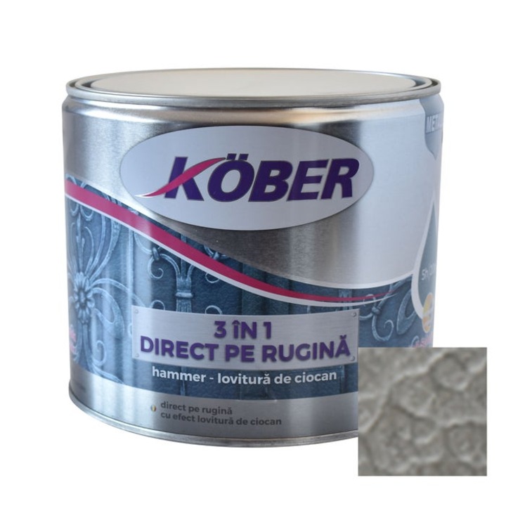 Vopsea alchidica pentru metal Kober Hammer, efect lovitura de ciocan, interior / exterior, argintiu E81180, 2.5 L