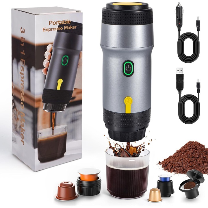 Espressor portabil, Aparat de Cafea Compatibil cu Capsule si Cafea macinata, Fudisenn®, 72W, cana 120ml, rezervor 60ml, incalzire rapida, 78x78x246mm, argint