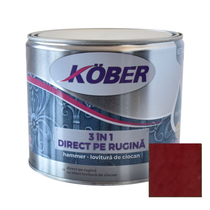 Алкидна боя за метал Kober Hammer, ефект чук, интериор/екстериор, бордо червено E81200, 2.5 L