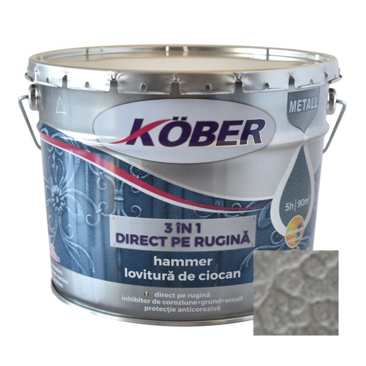 Боя за метал Kober Hammer, алкидна, ефект hammer, интериор/екстериор, сребро E81180, 10 L