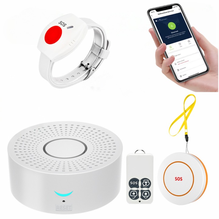 Set Ceas de panica cu buton SOS sirena locala si telecomanda OnXsmart, Conectare WIFI aplicatia Tuya si SmartLife, Compatibil cu amazon alexa si Google Assistant, Notificari pe telefon, Distanta 100m
