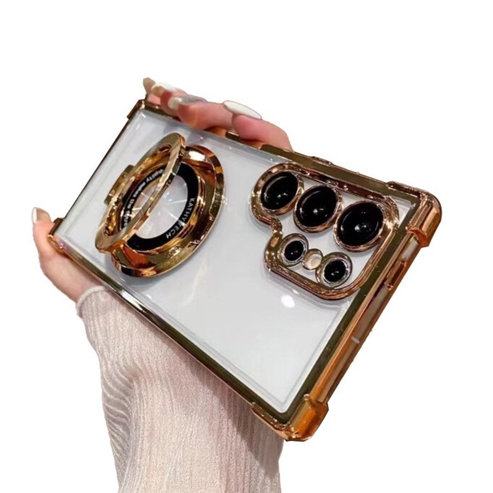 Husa telefon compatibila cu Samsung Galaxy S23 Ultra, Protectie Colturi, Ultra Protect, Anti-Shock Protection Hard, Technology Air Cushion, Crystal Clear-Auriu