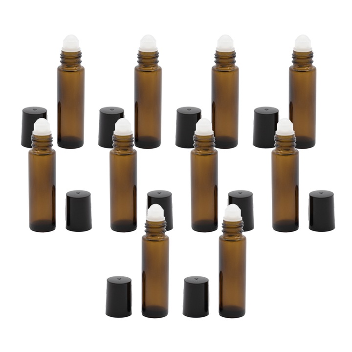Set 10 bucati recipiente roll-on sticla maro 10 ml, bila PP si capac negru, Flory