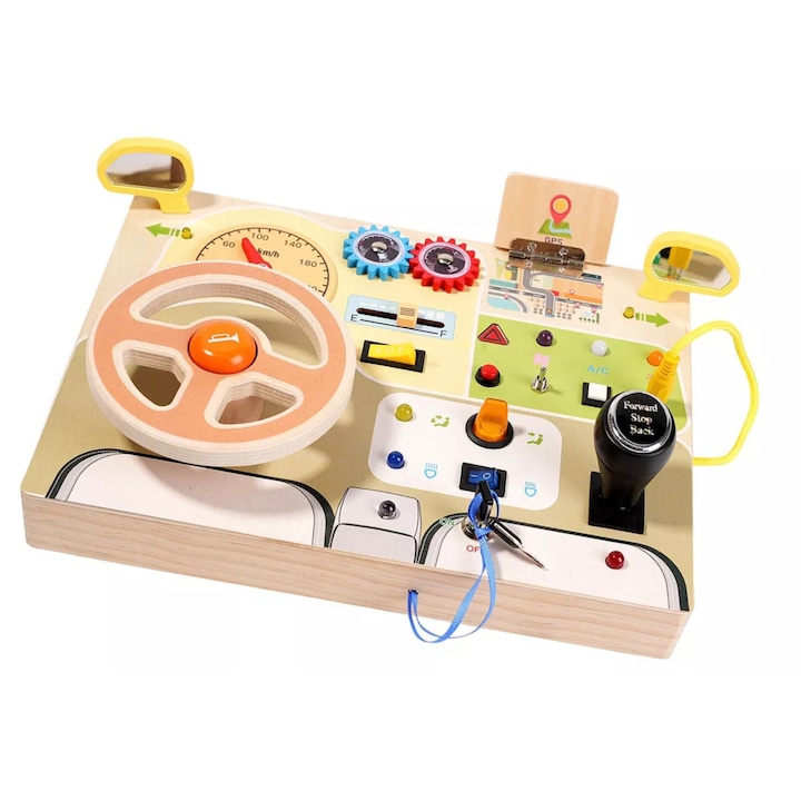 Монтесори дъска за деца с LED превключватели, симулатор за шофиране - сензорна играчка за развитие на фината моторика и изучаване на цветове, букви и интересни дейности