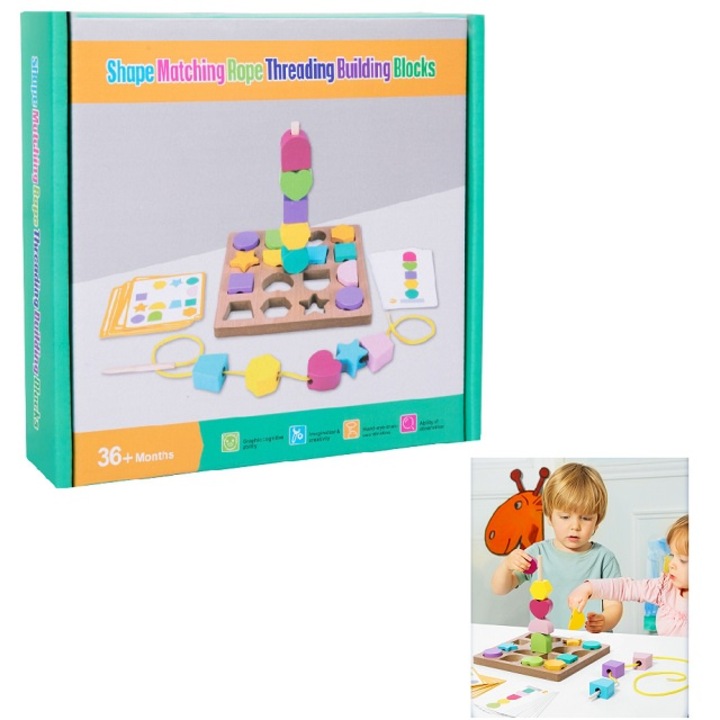 Joc pentru sortarea formelor geometrice, insiruirea pe fir, copierea unor modele, invatarea culorilor, orientarea spatiala, dezvoltarea rabdarii, cresa, gradinita, Montessori, puzzle educational lemn, materiale rezistente, multicolor, 36 luni+, SIPEDO