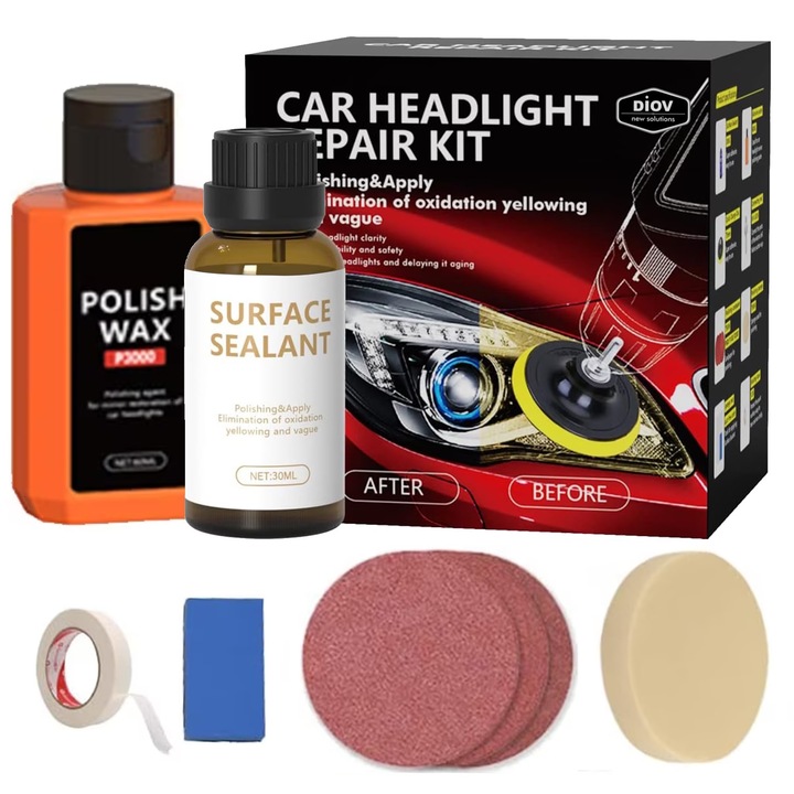 Mini set restaurare faruri cu bormasina, compatibil cu masina polish M14, contine discuri abrazive, pasta clarificatoare si lac sealant