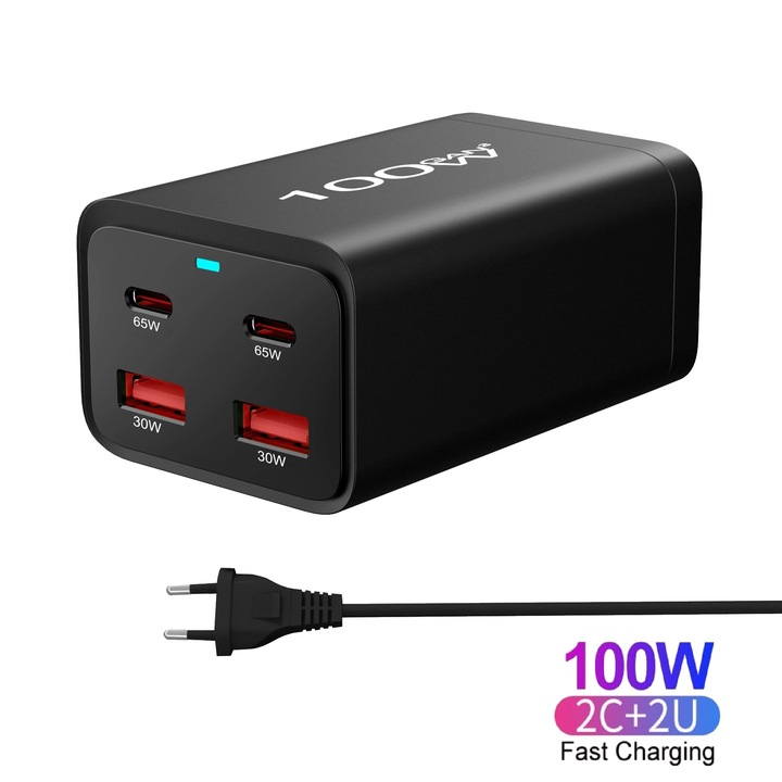 USB станция за зареждане 100 W GaN PRO 4 в 1, 2 USB-C & 2 USB-A, ултра бързо зареждане за 4 устройства, усъвършенствана защита и ефективно разсейване на топлината, универсално зареждане за лаптопи и телефони, компактен и мощен, Staryon®, черен