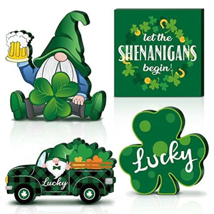 Set 4 piese decorative din lemn, design St. Patrick's Day, batran cu palarie verde, semn "Lucky", 5.3x5.9in, 4.7x4.7in, 5.9x3.5in