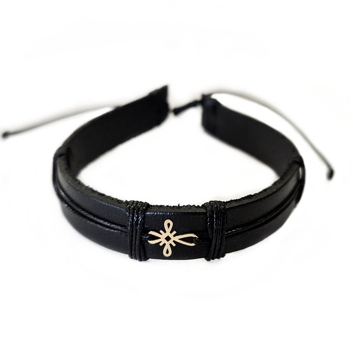 Bratara din piele naturala cu Cruciulita din Aur 14k, reglabila, realizatdwqfa manual, Negru