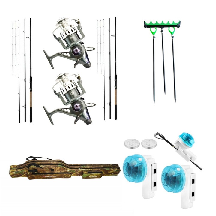Feeder horgászkészlet, 2 db Carbon 3 bot, 90 m, 200 gr, 2 db 5000 db dob orsó, Érzékelők, Fedél, Tartók