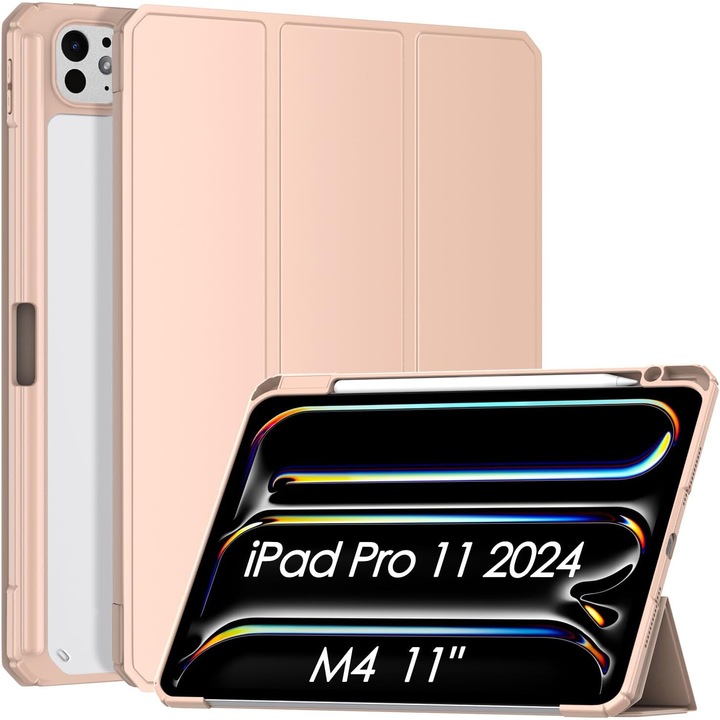 iPad Pro 11'' M4 2024 Patamiyar tok, ceruzatartó, intelligens vékony burkolat, könnyű, PU bőr, alvó/ébresztő funkció, rózsaszín