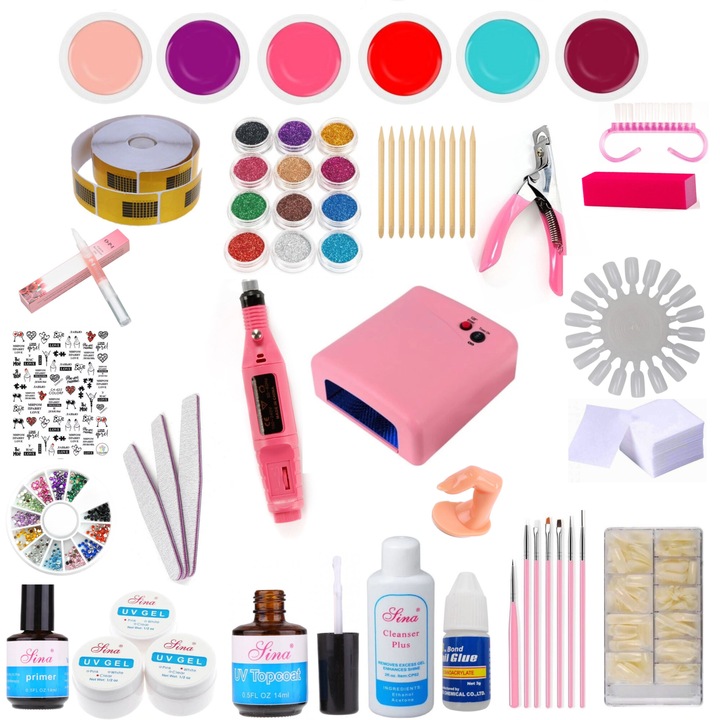 Комплект за нокти с гел за изграждане, UV лампа 36W, фреза за маникюр и аксесоари за ноктопластика