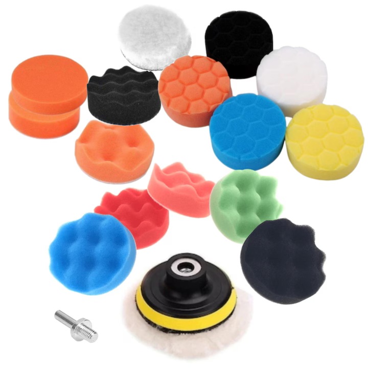 Set Profesional Talere si Bureti Polish pentru Bormasina sau Masina de Polizat, 22 Piese, Discuri de Burete, Lana si Adaptoare pentru Bormasina