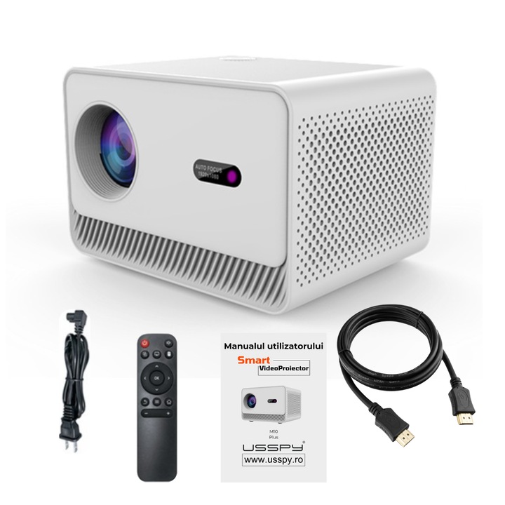 Videoproiector portabil, USSPY® M10+, 12000 lm, Android 12, Dual Wi-Fi 6 2,4g/5G, BT 5.0, 1280*720p FHD, HDMI, USB si Mirroring Android/IOS, alb
