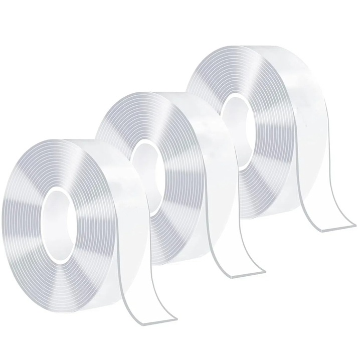 Set 3 x Banda dublu adeziva, latime 3 cm, lungime 5 metri per rola, grosime 1 mm, rezistenta la apa, siliconica, transparenta