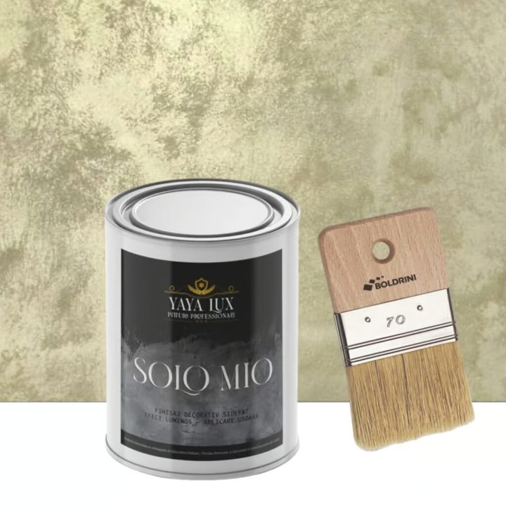 Set Vopsea Decorativa de Lux, Solo Mio, Bej Gold, cu Cristale Lichide Stralucitoare, Efecte Spectaculoase, 1 L si Pensula 70 mm