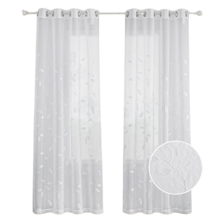 Gyűrűs függönyök, PONY DANCE, hímzett nyomattal, félig áttetsző, elegáns, 132 x 245 cm, 2db szett, Fehér