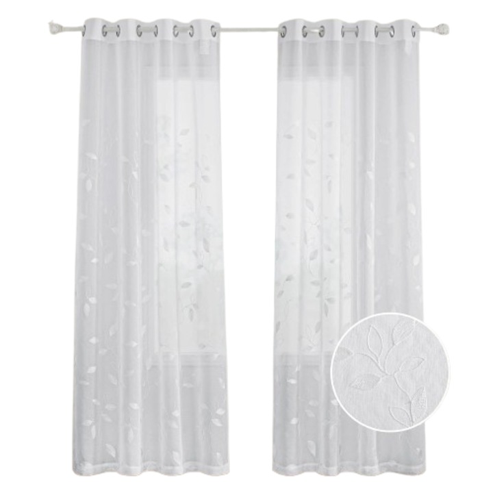 Perdele cu inele, PONY DANCE, cu imprimeu brodat, semi transparente, elegante, 132 x 245 cm, set de 2, Alb