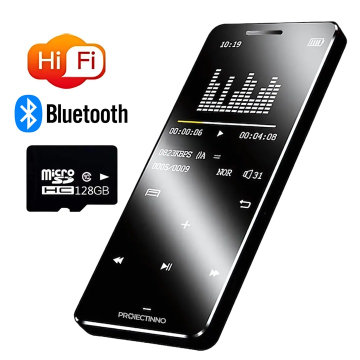 MP3/E-könyv lejátszó 128 GB-os érintőképernyővel, Proiectinno, 1,8 hüvelykes képernyő, 9D hangrendszer, hangrögzítő, FM rádió, Bluetooth 5.0, 500 mAh akkumulátor, 500 perc készenlét, fekete