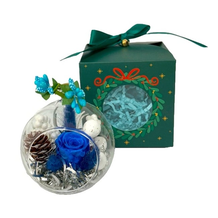 Decoratiune glob brad, cu licheni criogenati stabilizati, trandafir criogenat, ramuri de brad si merisoare, Albastru, Velve