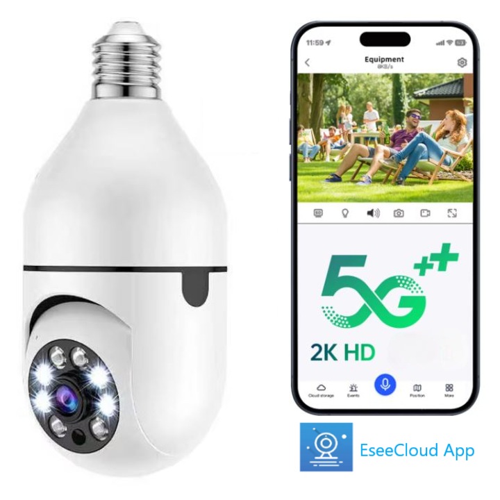 Camera supraveghere tip bec FRAMMINO®, dual band 2, 4 Ghz/5 Ghz, Aplicatie mobil, 3 MP, 2048x1536 pixeli, Comunicare bidirectionala, Detectie smart AI fiinte umane, notificare pe mobil, alba