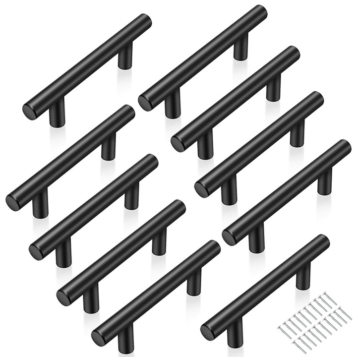 Комплект от 10 метални дръжки за шкаф, Tebnaild, алуминий, черни 15x3x1,2см