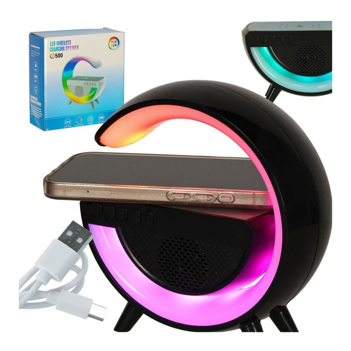 RGB LED нощна лампа с индуктивно зарядно и радио, черна