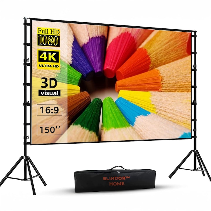 Екран за проектор Elindor®, 150 инча, преносим, 16:9 HD 4K, черен