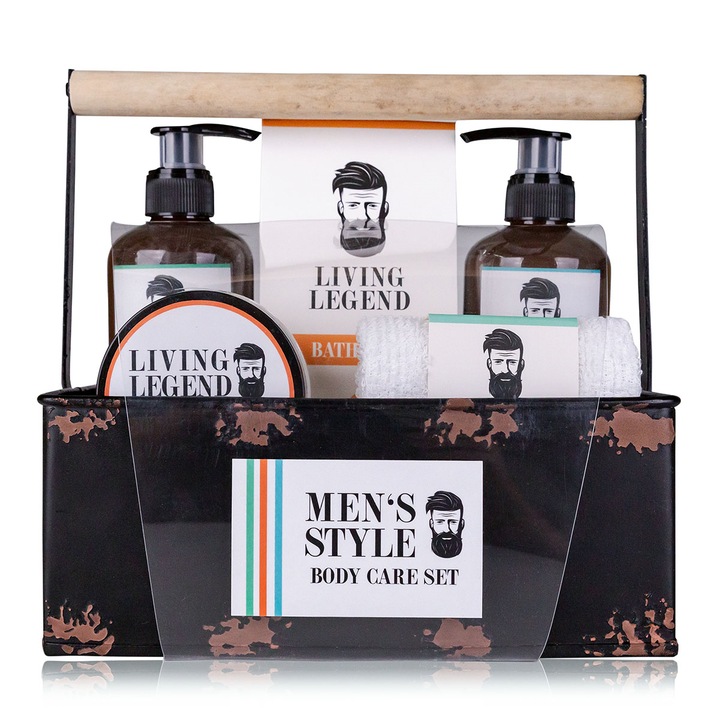Set de Baie MEN'S STYLE in Cos Metalic – Gel de Dus, Sampon, Ceara de Par si Sare de Baie
