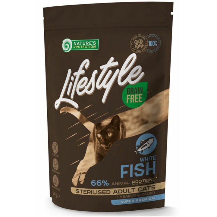 Hrana uscata pentru pisici Nature's Protection Lifestyle, White Fish Sterilised Grain Free, 400g
