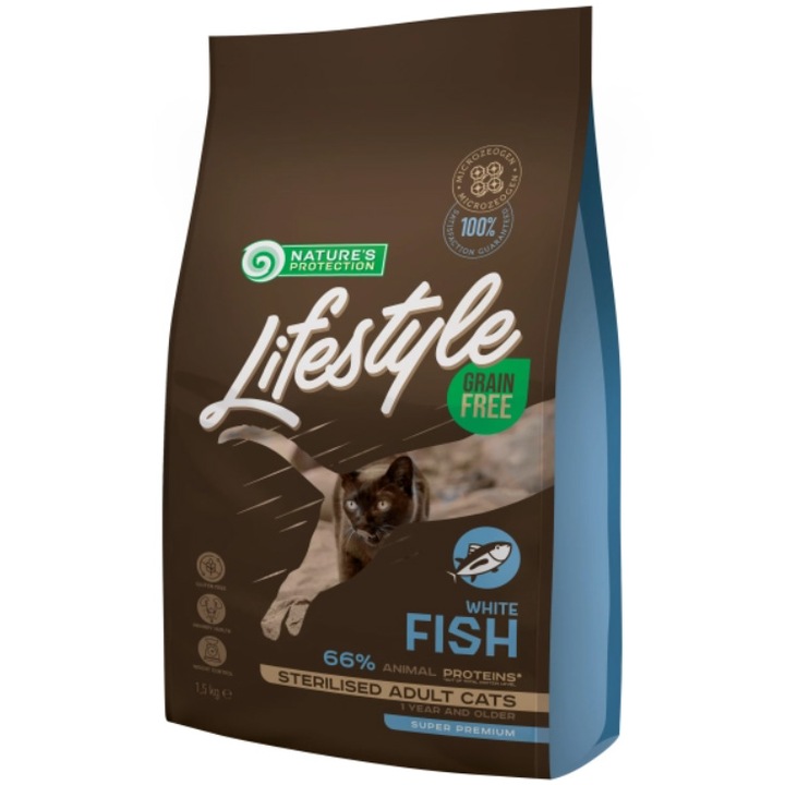 Hrana uscata pentru pisici Nature's Protection Lifestyle, White Fish Sterilised Grain Free, 1.5kg