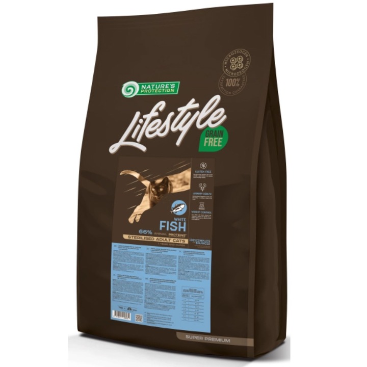 Hrana uscata pentru pisici Nature's Protection Lifestyle, White Fish Sterilised Grain Free, 7kg