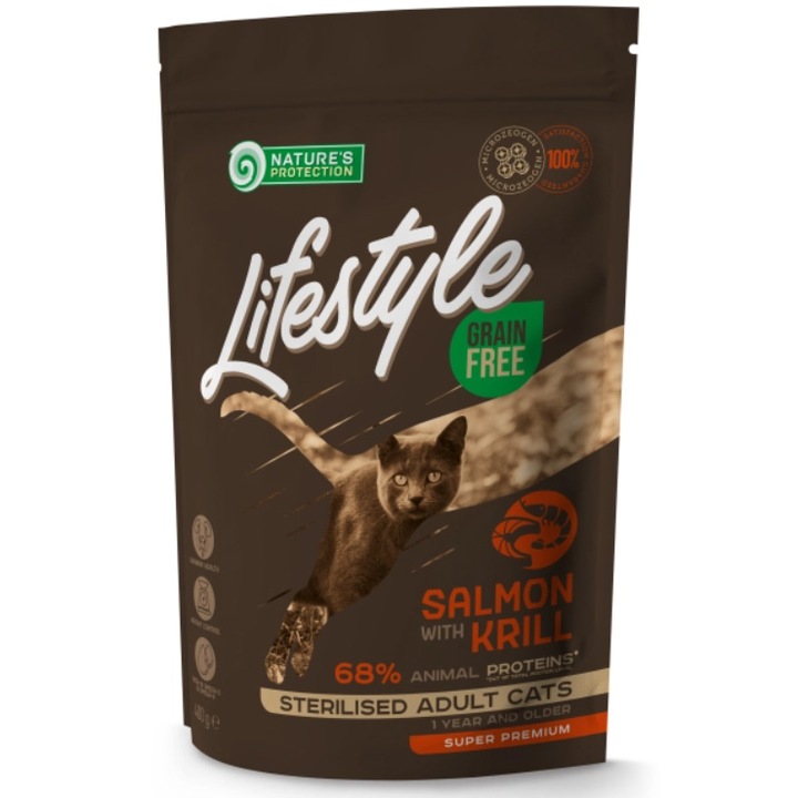 Hrana uscata pentru pisici Nature's Protection Lifestyle, Salmon with krill Sterilised Grain Free, 400g