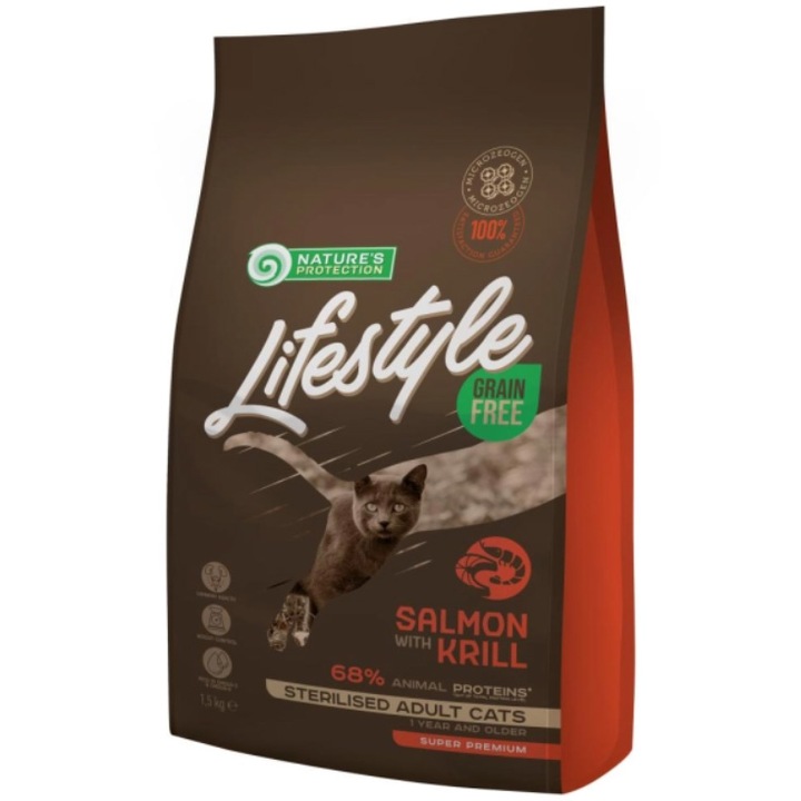 Hrana uscata pentru pisici Nature's Protection Lifestyle, Salmon with krill Sterilised Grain Free, 1.5kg