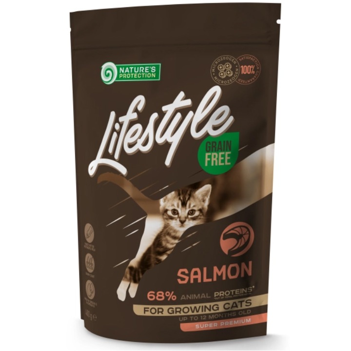 Hrana uscata pentru pisici Nature's Protection Lifestyle, Kitten, Salmon Grain Free, 400g