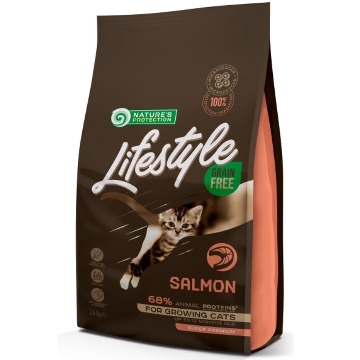 Hrana uscata pentru pisici Nature's Protection Lifestyle, Kitten, Salmon Grain Free, 1.5kg