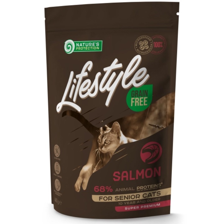 Hrana uscata pentru pisici Nature's Protection Lifestyle, Senior, Salmon Grain Free, 400g