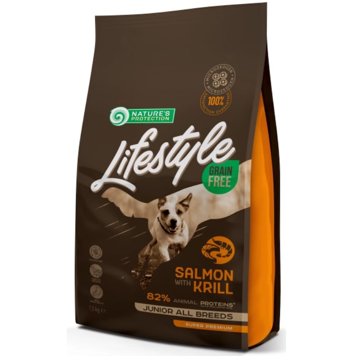 Hrana uscata pentru caini Nature's Protection Lifestyle, Salmon with Krill Grain Free, Junior 1.5kg